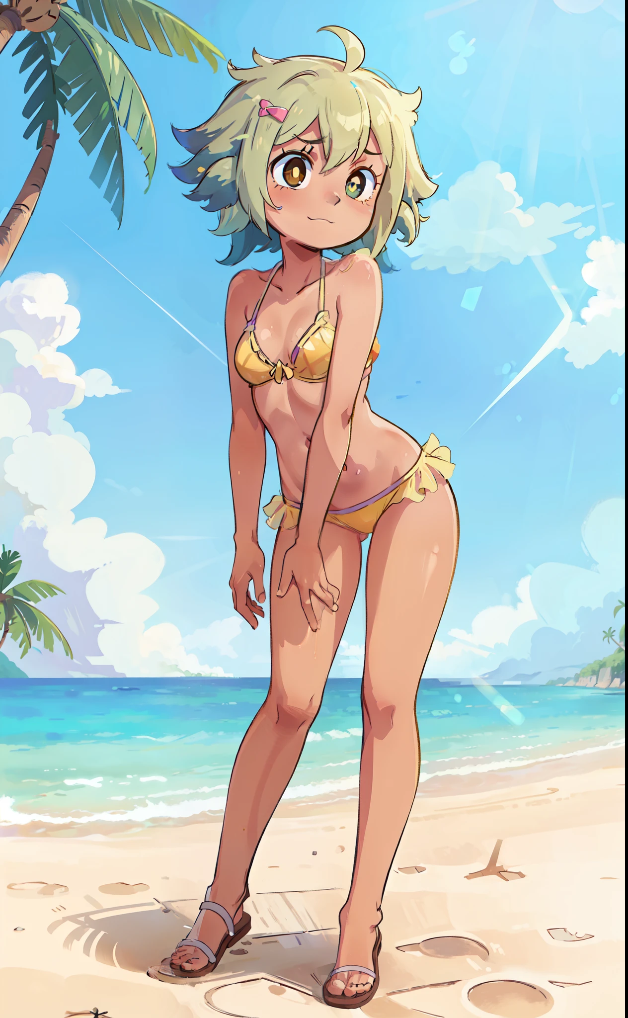full-length_portrait, Vee Noceda, 1 girl, young, tanned skin, anime style, small breasts, ((clear yellow frilly bikini, flip flops)), high quality, detailed body, detailed eyes, detailed face, masterpiece, glistening body, detailed body fur, best quality, perfect lighting, perfect shadows, perfect eyes, perfect hair, perfect face, gorgeous body, :3, beach, clear sky, standing, looking at you, full body, athletic body,