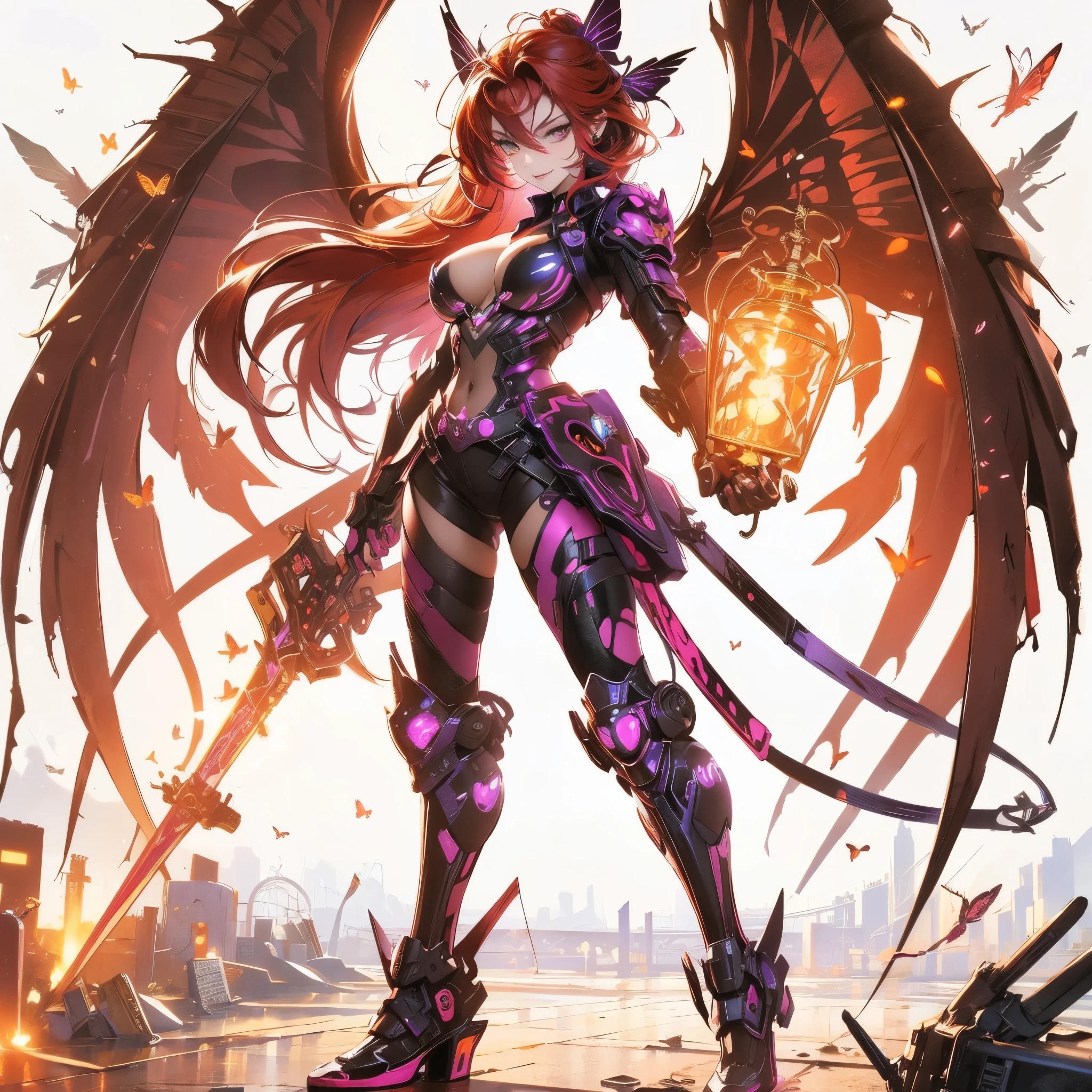 gorgeous woman,purple butterfly dark angel,red hair,cyberpunk hairstyles,confident smile,ultra-detailed,sharp focus, [purple gold and dark  neon butterfly armor colors], cyberpunk lighting, butterfly wings,neon lights, cityscape,smoky atmosphere,  tattoos, wings, garden, roses, night sky 
