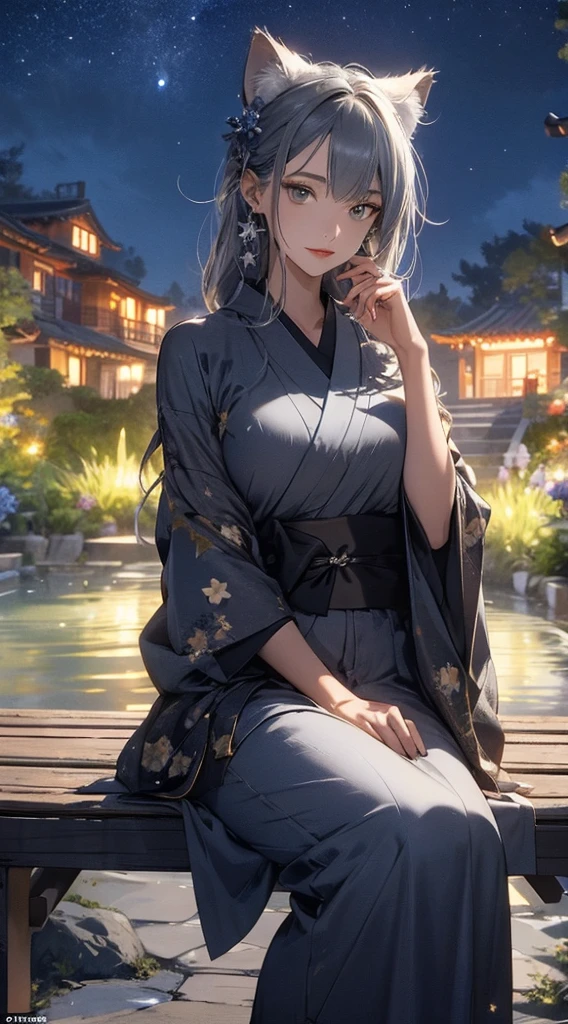 masterpiece, high quality, 4K, Beautiful design, silhouette，Gray Hair， 非常に詳細な夜のStarry Sky,Sitting on a bench in a flower garden， wonderful, Finer details,  Very knowledgeable woman, Highly detailed solo, 1 female,Cat ear，Big Breasts，kimono，Night view，Starry Sky，full moon，