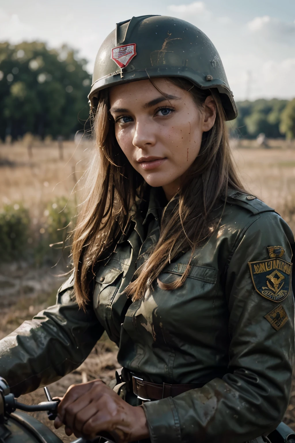 during the world war two, riding a 1940s motorcycle in the middle of the battlefield, full view of a woman 30 years old, very long blond straight hair, blue eyes, slim, large chest, mud on the face and blood on the clothes, she's wearing a in military uniform with guns and an army helmet, black boots, analog style, skin texture, film grain, Ultra High Resolution, best shadow, RAW, high detailed face, high detailed skin, high detail face, beautiful face, natural skin texture, no reflection, see the grain of its skin, high detailed face, high detailed skin, Fujifilm XT3, realistic photography, perfect face.
