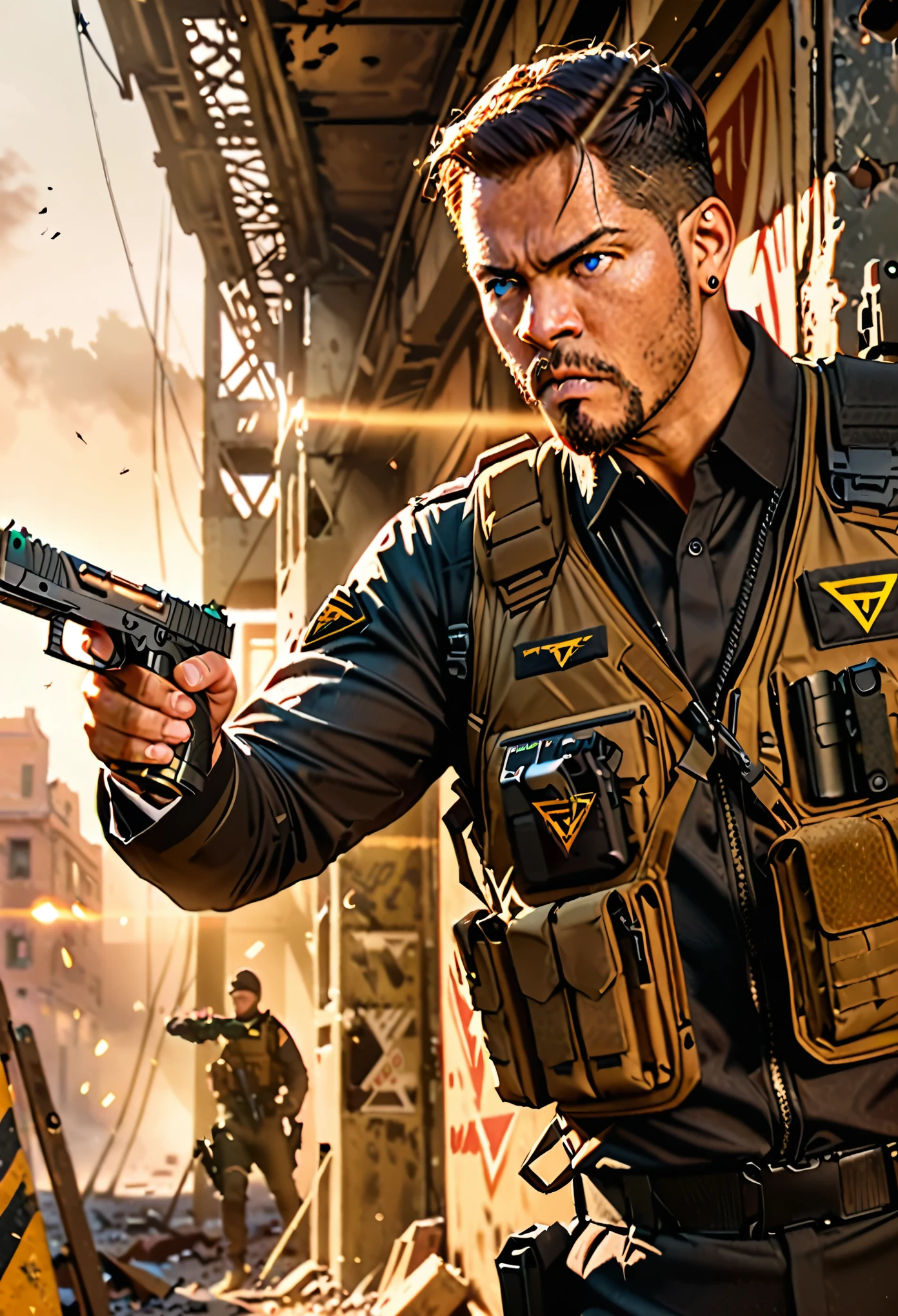 masterpiece, best quality, Soldier with dark uniform, using pistol, STI 1911, ruined background, realistic, stylish, rutkowski, goatee, brown hair, buzz hair, blue eyes, tactical vest, intricate details, hyperdetailed, cinematic, rim light, danger atmosphere