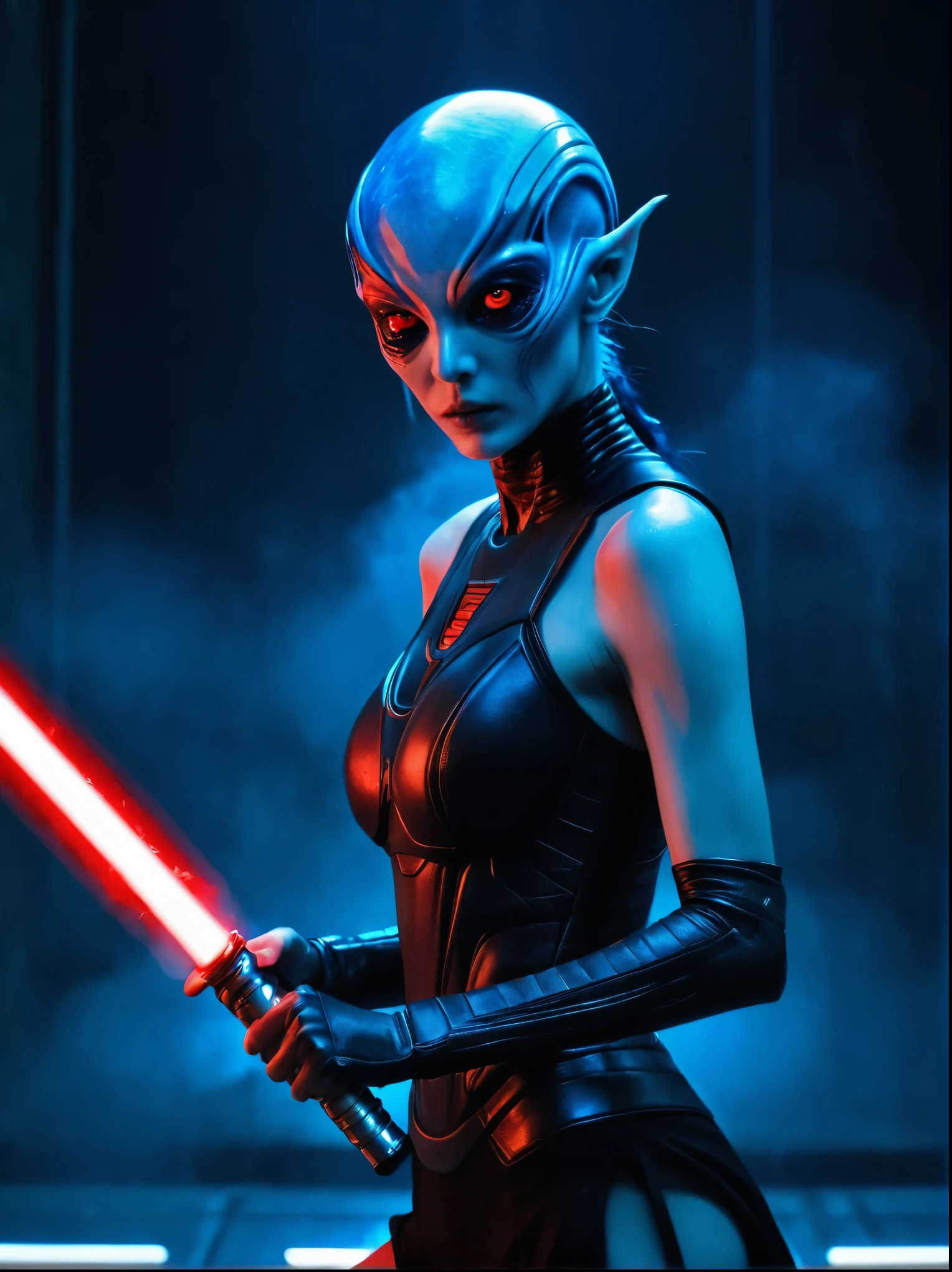 (A strange looking female alien:1.4), Red-glowing eyes, open mouth, Sharp Teeth, Mucus, Aesthetic physique, (Strange looking alien), Fighting Stance, Lightsaber in hand，Artistic Photo, 8k, Looking at the camera, Light background, Pretty Face, Blue Skin，?????????????。