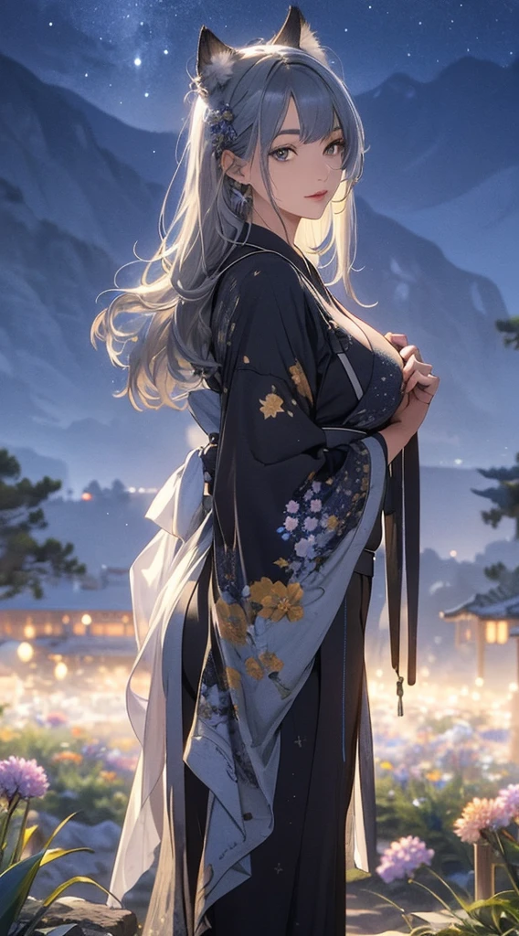 masterpiece, high quality, 4K, Beautiful design, silhouette，Gray Hair， 非常に詳細な夜のStarry Sky,Flower Field， wonderful, Finer details,  Very knowledgeable woman, Highly detailed solo, 1 female,Cat ear，Big Breasts，kimono，Night view，Starry Sky，full moon，