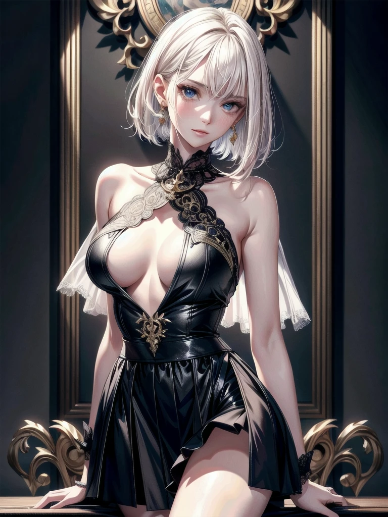 absurdres, RAW photo, extremely delicate and beautiful, masterpiece, Best Quality, ultra high resolution, 32k, hyperrealistic, ultra-detailed, detailed description, pale skin, 20 years old, delicate facial features, detailed beautiful face and eyes, tearful mole, earring, Colossal tits, short medium hair, wavy hair, full body shot, halterneck, blouse, skirt,