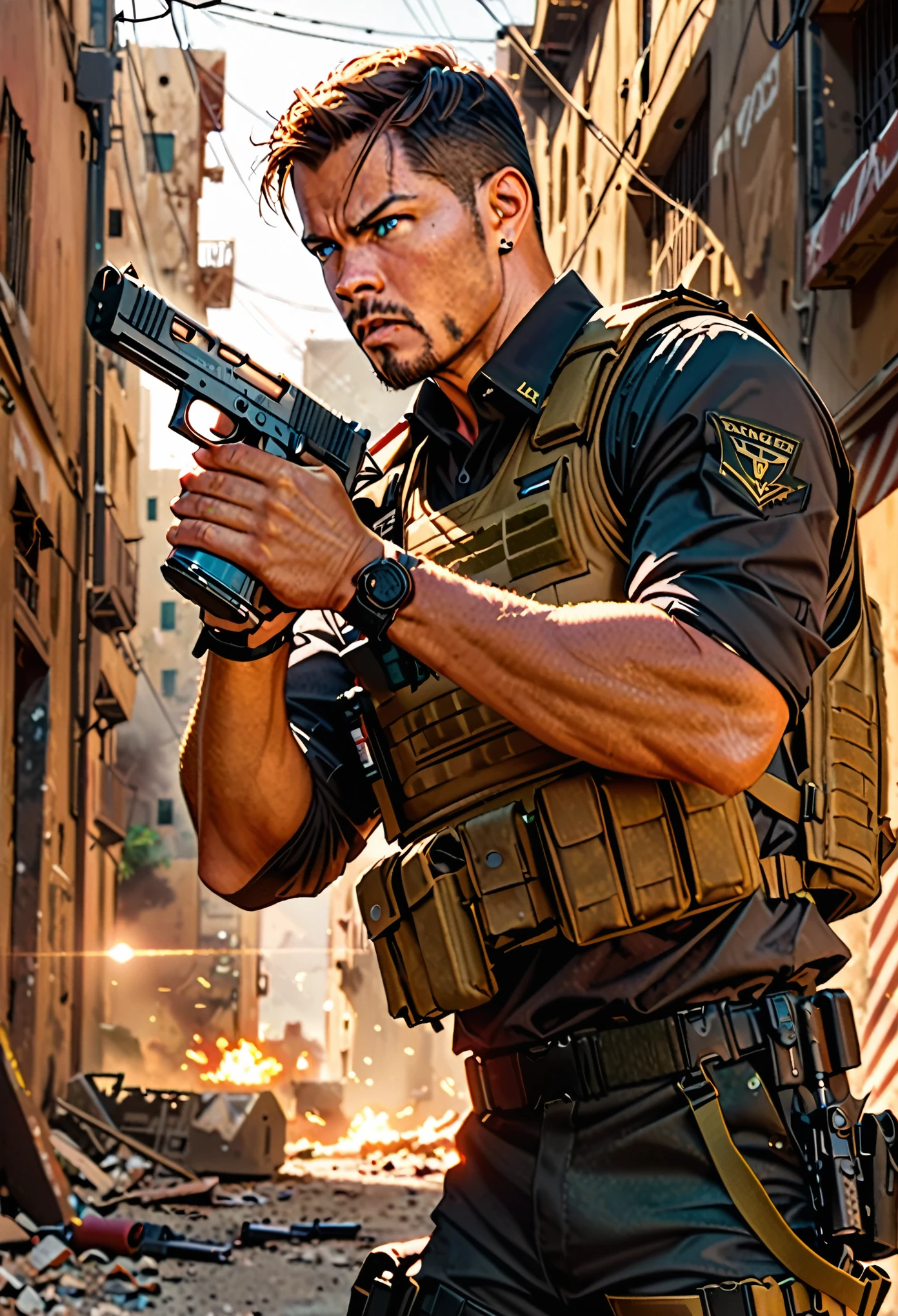 masterpiece, best quality, Soldier with dark uniform, using pistol, STI 1911, ruined background, realistic, stylish, rutkowski, goatee, brown hair, buzz hair, blue eyes, tactical vest, intricate details, hyperdetailed, cinematic, rim light, danger atmosphere