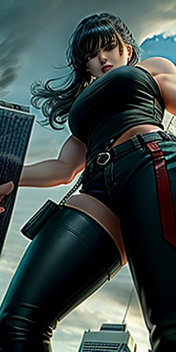 "A towering Giantess in a cool and laid back white tank top, and black leather pants. Her toned and athletic build hints at her massive strength. She seems to be casually strolling through the bustling cityscape of GTS City, as towering buildings loom overhead. Smoke and clouds roil around her, adding to the sense of epic scale and drama. The lighting is dark, gloomy, and realistic, creating a tense and ominous atmosphere. The perspective is from below, emphasizing the sheer majesty and power of the Giantess." The Giantess has red eyes and a cunning smile. She is also wearing black boots.