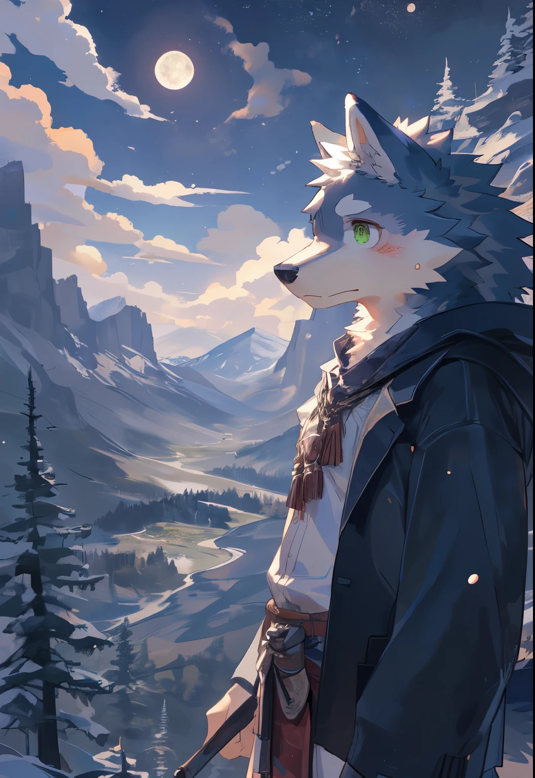 Lonly face ,masterpiece, high quality, hi res, digital painting \(artwork\), by kuroisumi, yupa,kiyosan. soft lighting,moon, (anthro male wolf), (Greenpine body),mountain, loincloth, mountain, cloud, bright, panorama,portrait,135mm,character focus. detailed background,amazing background,outdoors,scenery,light particles, kemono, (cute), ass, 6+boys, 6+girls, bad feeling, absurdres(Photos of solo travelers)(kemono, furry anthro), green eye
