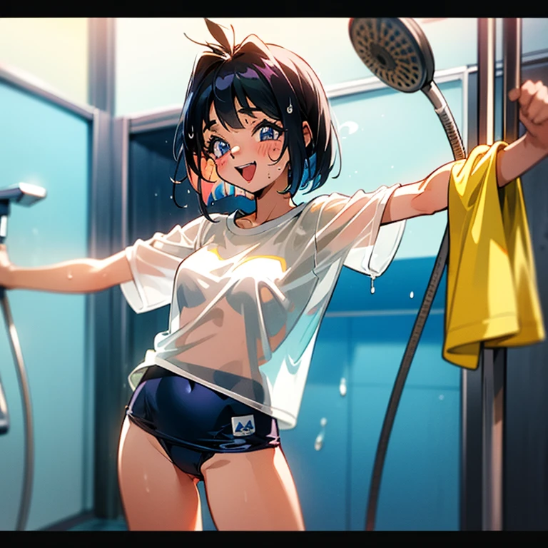 Cheerful girl、Sporty、tits、Swimwear、School Swimsuit、shower room、See-through T-shirt、Wet、Clothes that stick、oil、slimy、Short Bob