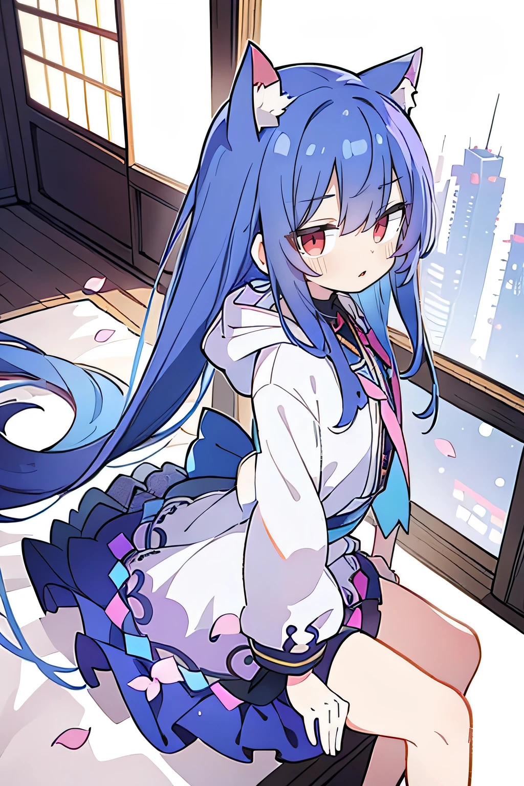(masterpiece:1.2),Super detailed,lifelike,Expressive eyes,fair skin,perfect face shape,1 girl,
Japanese comics,Gorgeous blue hair,flowing blue hair,flowing clothes,Cat ears,Petals fall,beautiful lola,Baby Angel,
Shaking head with one hand,Cross your legs,Gentle and peaceful background,The pavilion is cool and comfortable,smile, wearing hoodie, background of tokyo,back views,snowing, winter.