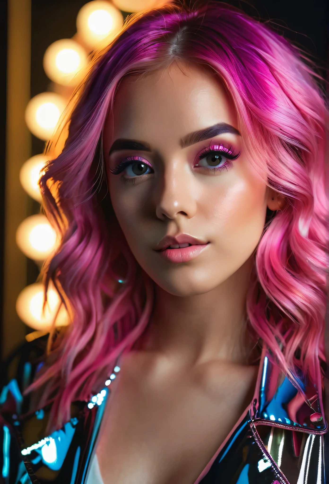(best quality,4k,8k,highres,masterpiece:1.2),ultra-detailed,(realistic,photorealistic,photo-realistic:1.37),portrait,dark background,colorful lighting,reflection,stylish,pink hair,girl:1.1,photo shoot,mirror,selfie,long hair,trendy outfit,posing,confident expression,creative,artistic,vibrant colors,bokeh-effect lighting,captivating gaze