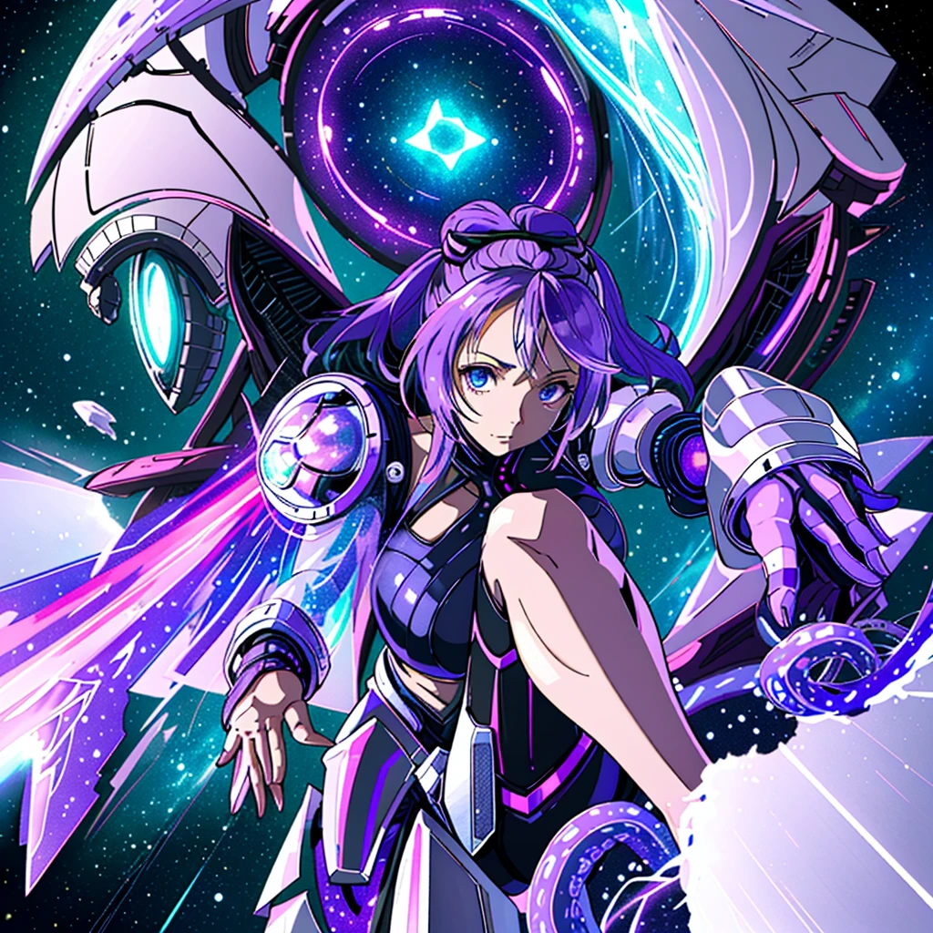 A cute woman is wearing sexy battle armor (chrome violet), she carries a matching sci fi weapon, she is flying through space in an action pose. She is defeating horrible tentacled aliens