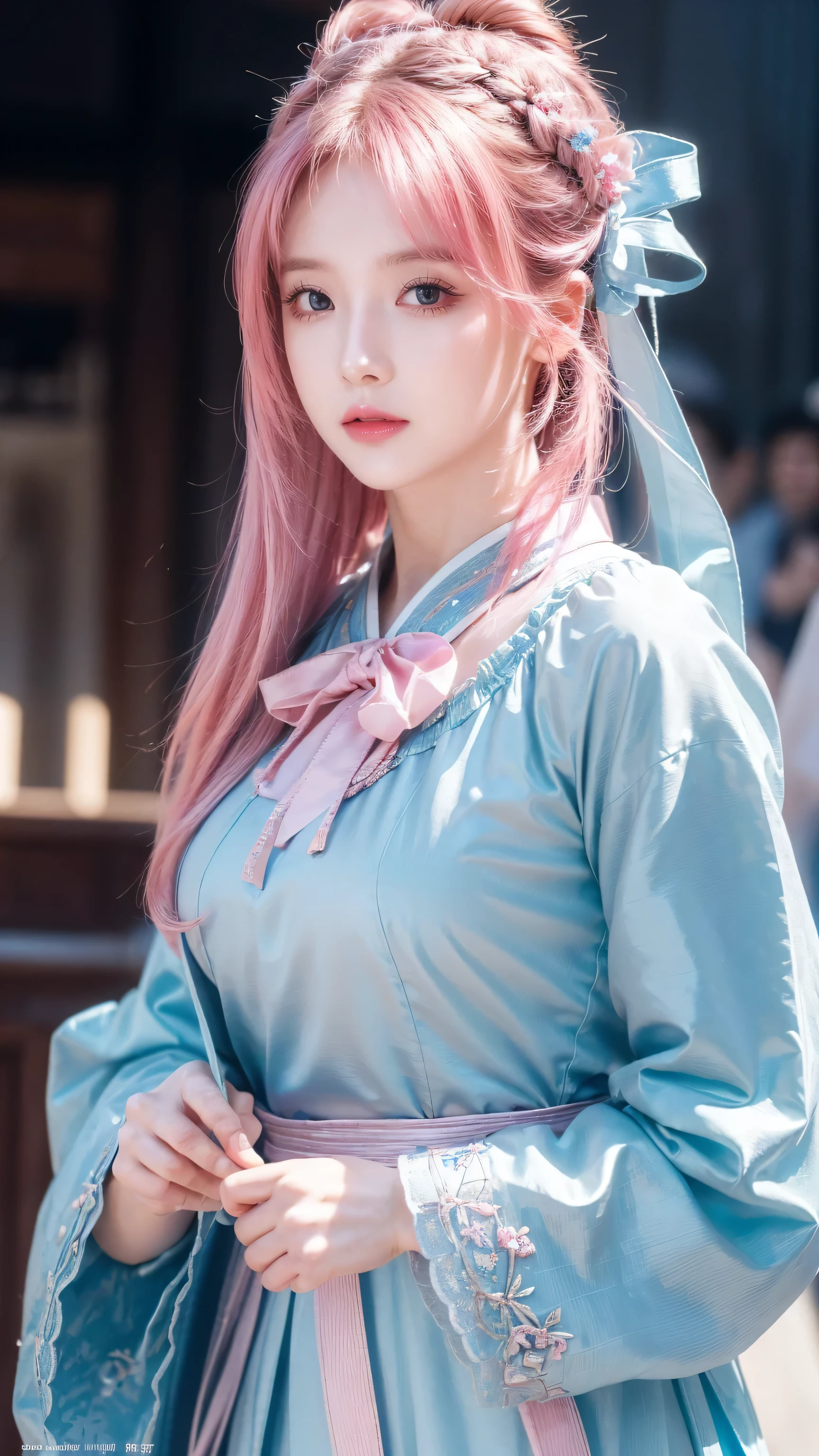 (finely detailed beautiful eyes and detailed face,masterpiece sidelighting,masterpiece,best quality,detailed,High resolution illustrations),, (1 Girl,whole body,beautiful girl,Glowing skin,look down,Looking at the audience),, (Pink Hair,blue eyes,ribbon,Hanbok, korean clothes), (wearing clothes_Lower Bust:1.2),Lower breasts,