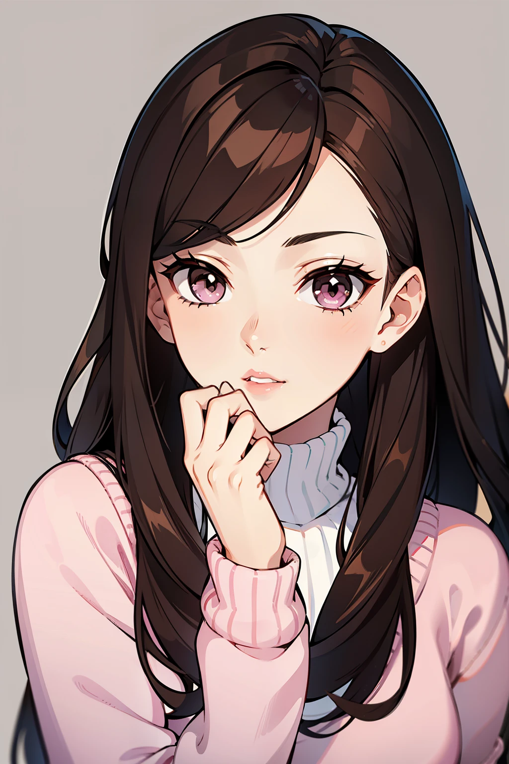 Girl, long brown hair, gray eyes, sharp features, white skin, pink lips, sweater