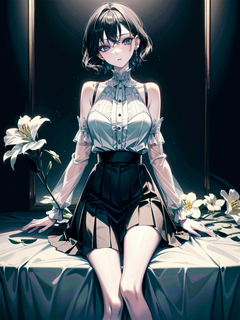 absurdres, RAW photo, extremely delicate and beautiful, masterpiece, Best Quality, ultra high resolution, 32k, hyperrealistic, ultra-detailed, detailed description, pale skin, 20 years old, delicate facial features, detailed beautiful face and eyes, tearful mole, earring, Colossal tits, short medium hair, wavy hair, full body shot, halterneck, blouse, skirt,