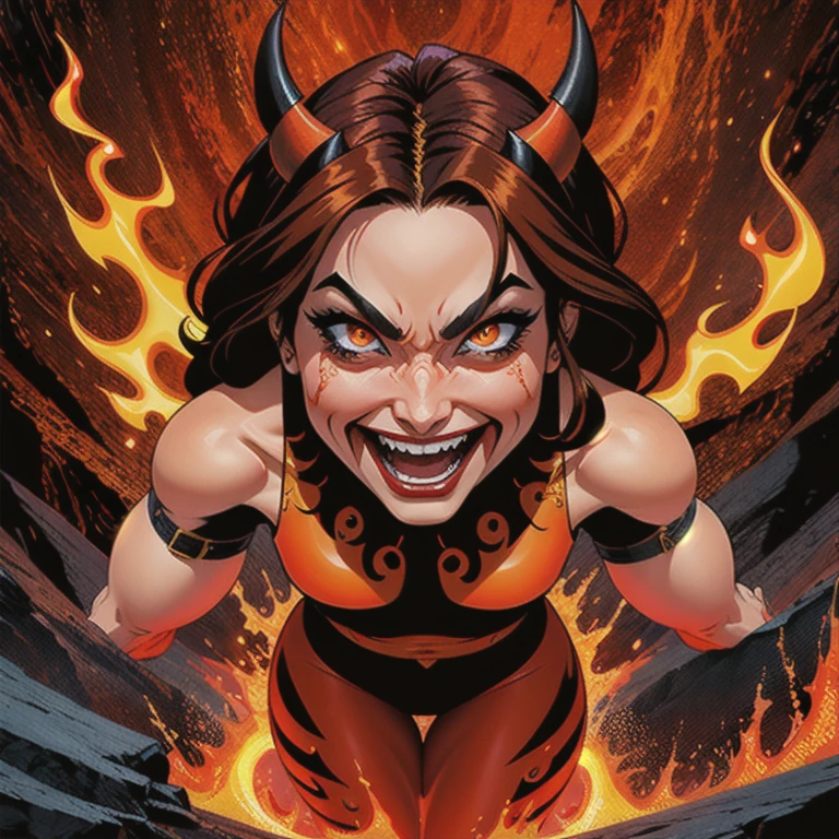 A comical lava demon(Lava Demon)Please generate an image with the subject。This demon is said to have come from hell.、Its exterior is covered in red and orange hues reminiscent of lava and fire.。Although she has the traditional characteristics of a demon,、Try to create a bright and fun atmosphere。Her expression is cheerful、Expressing smiles and excitement。Also、Her poses and movements are comical.、Shows that he enjoys his demonic traits。The background is designed to resemble a hellish landscape or lava flow.、Make sure to compliment her presence。The generated image is、It is preferable that the work contains humorous elements such as comic book covers and internet memes.。