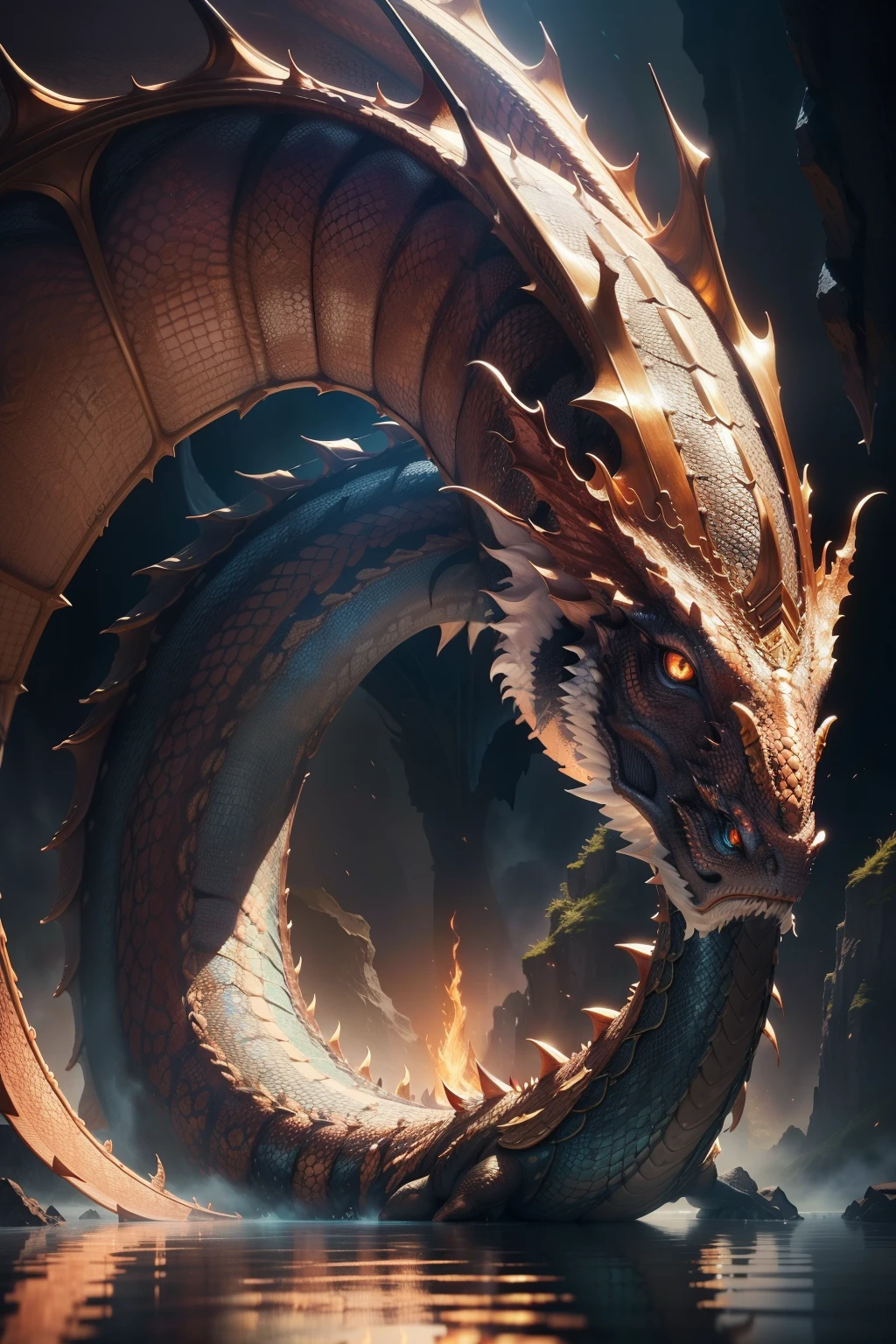 A majestic dragon, shrouded in an ethereal aura, rises from the tranquil lake. Its opulent scales, coated in a rich, golden sheen, glisten as they reflect the sunlight. Every minute detail is meticulously captured in this 3D ultra-realistic image - from the intricate patterns adorning the dragon's wings to the mesmerizing fiery eyes that seem to come alive. Rendered in breathtaking 8k resolution, this exquisite piece showcases the dragon's breath-taking texture, vibrant colors, and striking visual depth. This enchanting painting transports viewers to a fantastical realm where art and nature