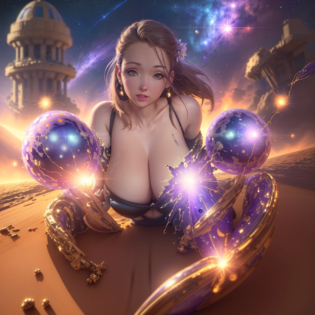 (best quality,4k,8k,highres,masterpiece:1.2),ultra-detailed,(realistic,photorealistic,photo-realistic:1.37),chrome violet,sexy battle armor,cute woman,action pose,flying through space,sci fi weapon,defeating horrible tentacled aliens,space landscape,shimmering stars,beautiful nebulas,distant galaxies,vivid colors,sharp focus,bokeh,physically-based rendering,dynamic lighting