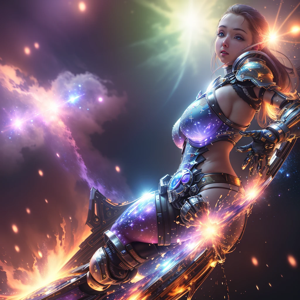 (best quality,4k,8k,highres,masterpiece:1.2),ultra-detailed,(realistic,photorealistic,photo-realistic:1.37),chrome violet,sexy battle armor,cute woman,action pose,flying through space,sci fi weapon,defeating horrible tentacled aliens,space landscape,shimmering stars,beautiful nebulas,distant galaxies,vivid colors,sharp focus,bokeh,physically-based rendering,dynamic lighting