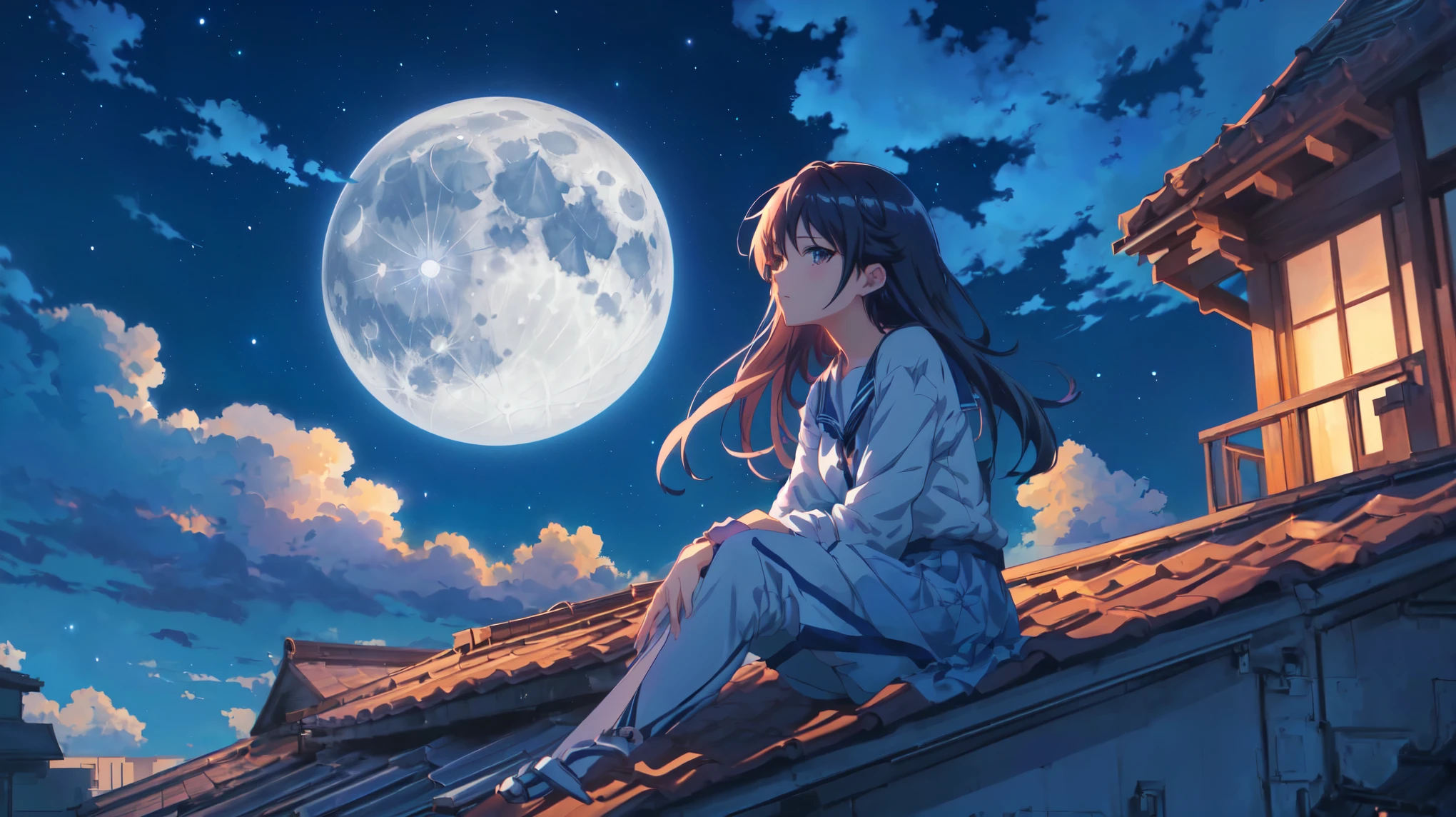 Anime girl sitting on a roof and looking at the moon, 4K Manga Wallpapers, Anime Background, 4k Anime Wallpaper, Anime Style 4k, Sit on the moon, makoto shinkai cyril rolando, Anime Wallpaper 4k, Anime Wallpaper 4 k, girl sitting on a rooftop, Anime movie background, Anime Wallpaper, anime art wallpaper 4k, Anime Background art