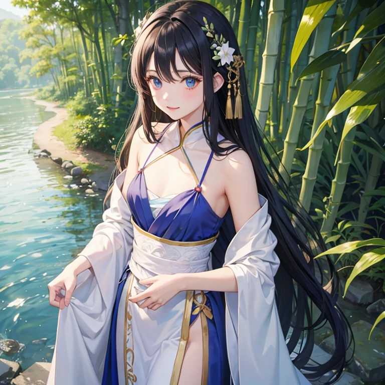 wallpaper, highly detailed, illustration, 1 girl, Azure hair, long hair, detailed eyes, forrest, bare shoulders, hanfu,lakes, pure, soft smile,bamboo,Tea