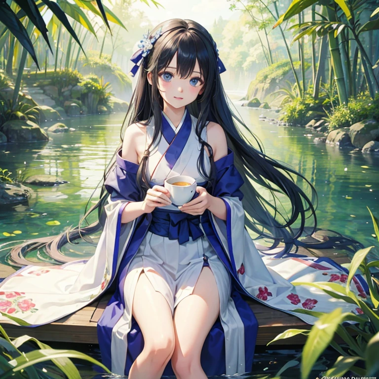 wallpaper, highly detailed, illustration, 1 girl, Azure hair, long hair, detailed eyes, forrest, bare shoulders, hanfu,lakes, pure, soft smile,bamboo,Tea