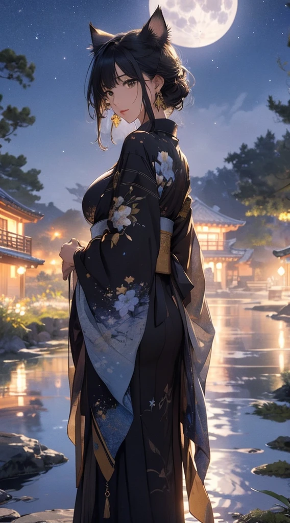 masterpiece, high quality, 4K, Beautiful design, Back view,silhouette， 非常に詳細な夜のStarry Sky,Flower Field， wonderful, Finer details,  Very knowledgeable woman, Highly detailed solo, 1 female,Cat ear，Big Breasts，kimono，Night view，Starry Sky，full moon，