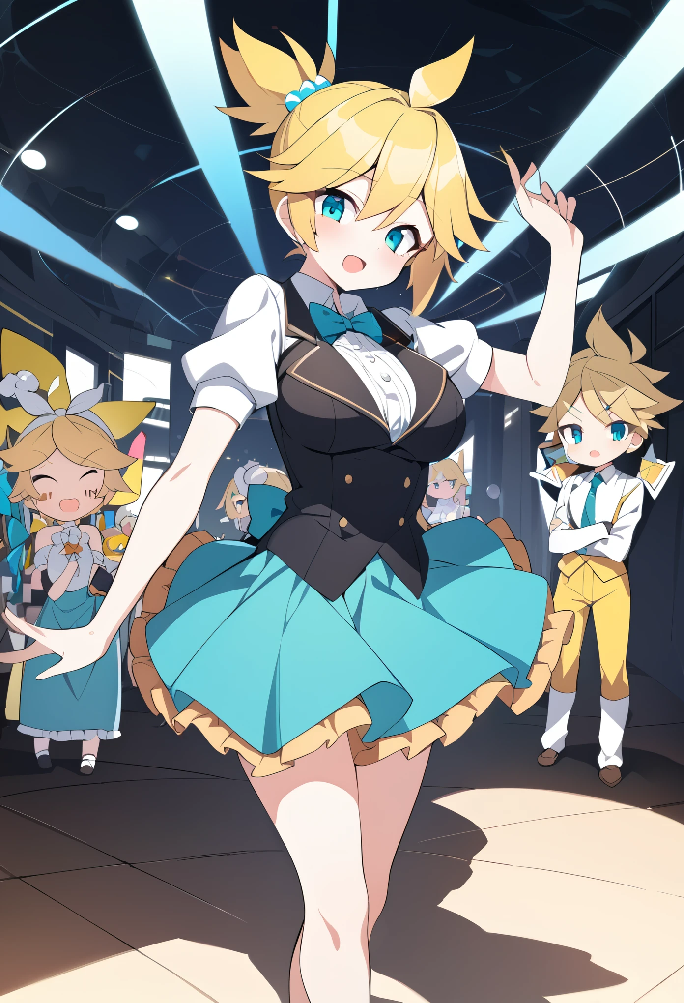 ,large breasts , ConcertHole, 1girl, 　kagamine len,　short hair,short ponytail,spiked hair,aqua eyes,　,formal dress