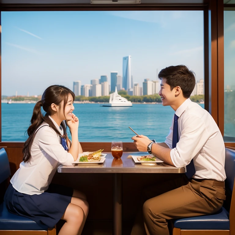 A student couple enjoying a meal at a family restaurant、Men are dressed in stand-up school uniforms.、Women in sailor uniforms、Talking with a lovely smile、In the background you can see the city during the day.、Outside the window is beautiful、High-definition images like those taken with a high-end camera、love、Brown Hair、