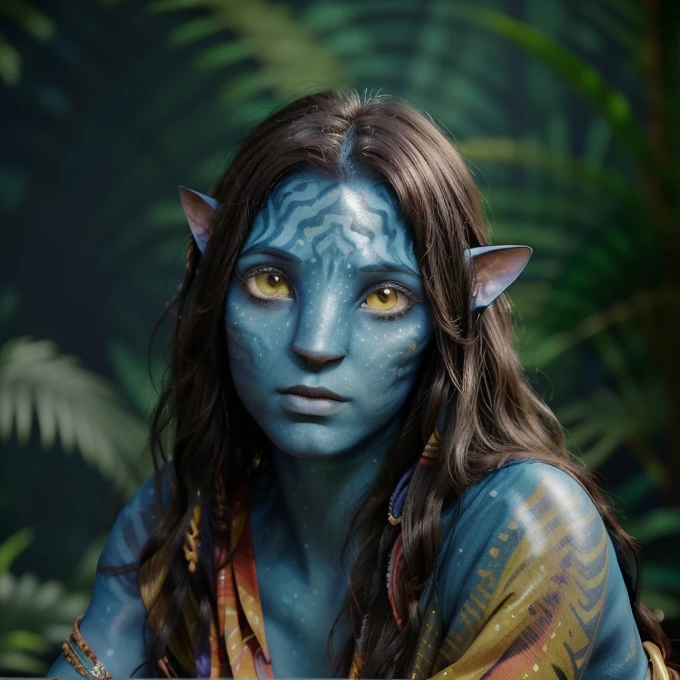 avatar style, (face portrait:1.6), naavi, 1girl, female, (yellow eyes), (big eyes), ((eyebrowless)), pointy ears, (navy blue skin tone:1.0), (straight hair:1.0), brown hair color, ((long hair)), (young adult), 18 years old, face wrinkles, ((wearing colorful tribal clothing)), (wearing tribal acessories), detailed eyes, toned body, muscled body, vibrant colors, glowing, ethereal atmosphere, surrealistic dreamy lighting, textured skin, otherworldly beauty, mesmerizing photography, (best quality, highres), vivid colors, ultrarealistic, skin details, striped skin, sfw, face close-up:0.5, ultradetailed body, ((blue skin)), dark background, night time