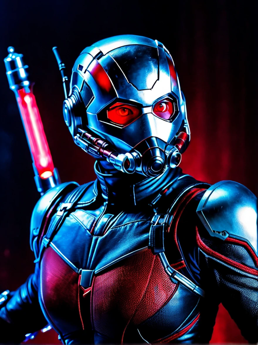 (A strange-looking female Ant-Man:1.4), Red-glowing eyes, open mouth, Sharp Teeth, Mucus, Aesthetic physique, (Weird-looking Ant-Man), Fighting Stance, Lightsaber in hand,Artistic Photo, 8k, Looking at the camera, Light background, Pretty Face, Blue Skin,Large Breasts。