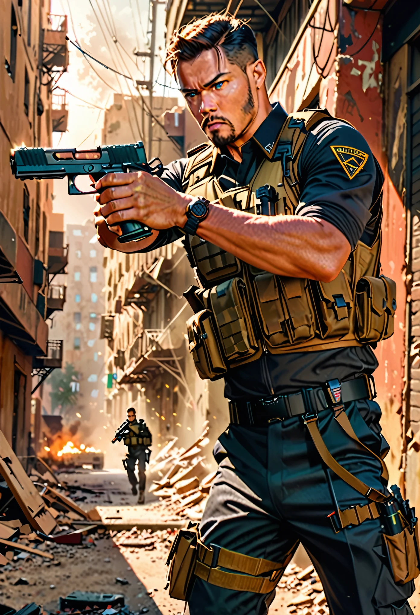 masterpiece, best quality, Soldier with dark uniform, using pistol with one hand, using pistol, STI 1911, ruined background, realistic, stylish, rutkowski, goatee, brown hair, buzz hair, blue eyes, tactical vest, intricate details, hyperdetailed, cinematic, rim light, danger atmosphere