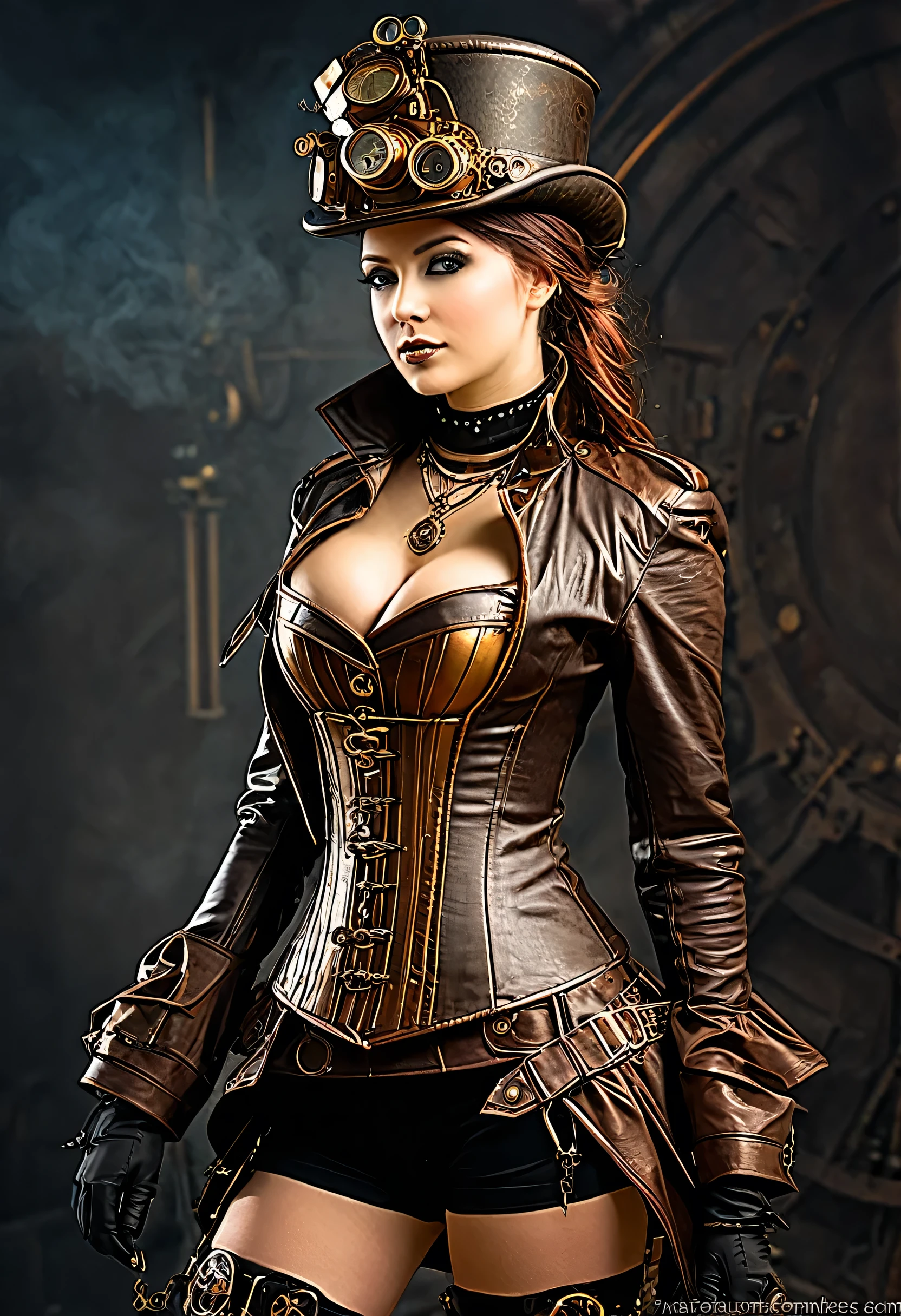 1 adult beautiful woman, Glamorous body, chestnut short hairstyle, slick skin, Blue eyes, seducting smile, Fancy makeup, heavy eye makeup, red-lips, ((Detailed and sexy steampunk costume, a pirate)), garterbelts, Leather Accessories, high-heels, realist, super realistic 8K, super detailed and realistic, Bold poses, Big ass, hall, Pose Seductive