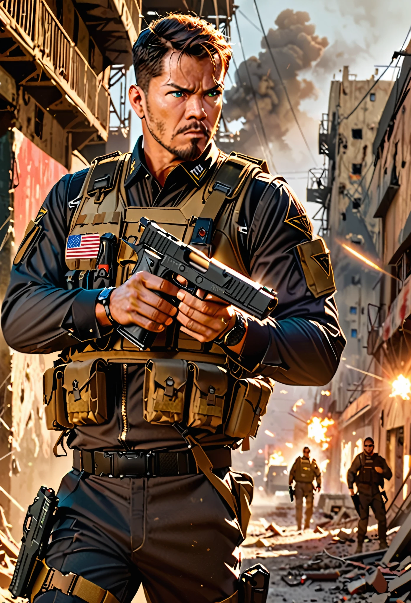 masterpiece, best quality, Soldier with dark uniform, using pistol with one hand, using pistol, STI 1911, ruined background, realistic, stylish, rutkowski, goatee, brown hair, buzz hair, blue eyes, tactical vest, intricate details, hyperdetailed, cinematic, rim light, danger atmosphere