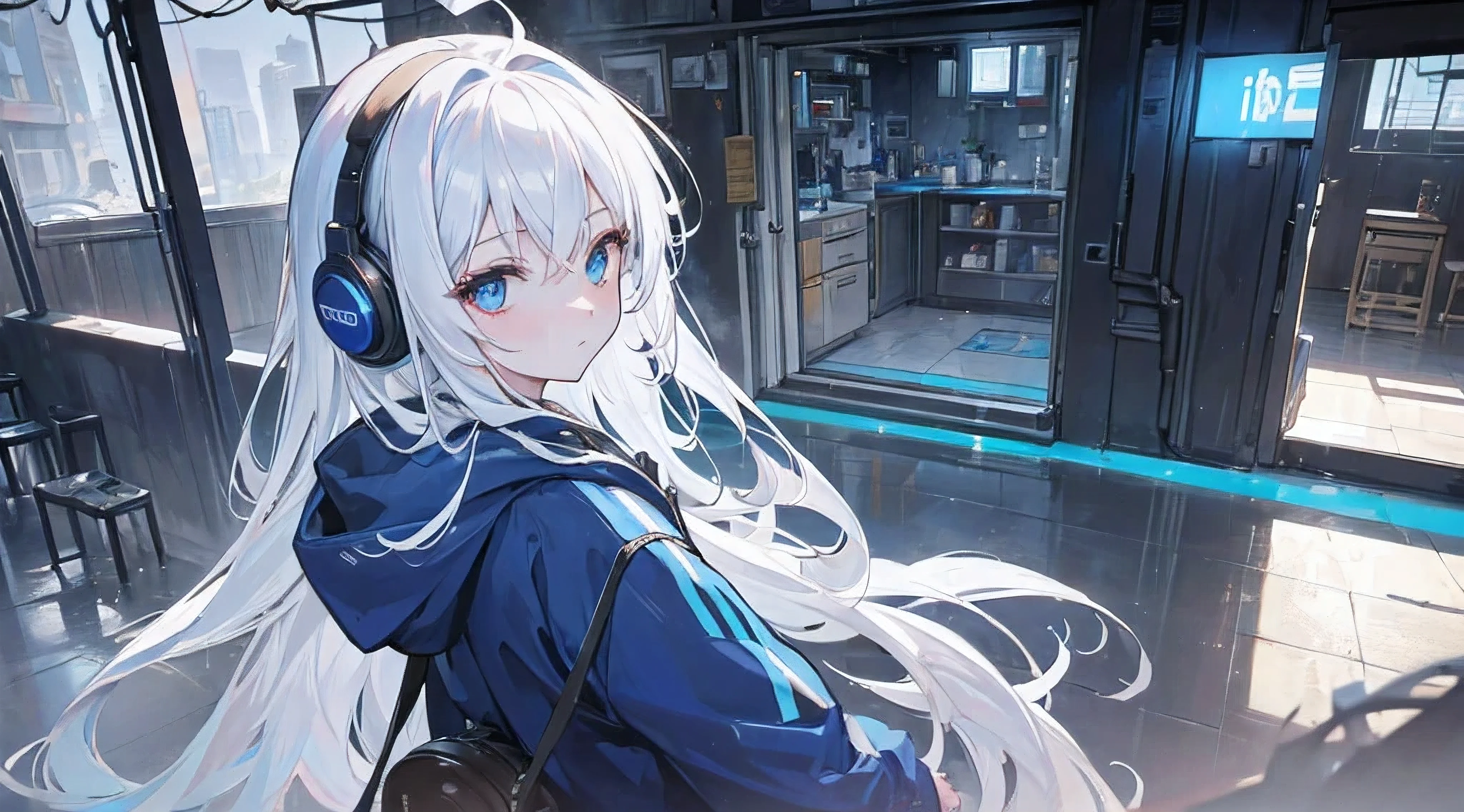 (((masterpiece))), (((8K quality))), a beautiful cool woman, white long hair, blue eye, headphone, hoodie, in the deserted slum, midnight