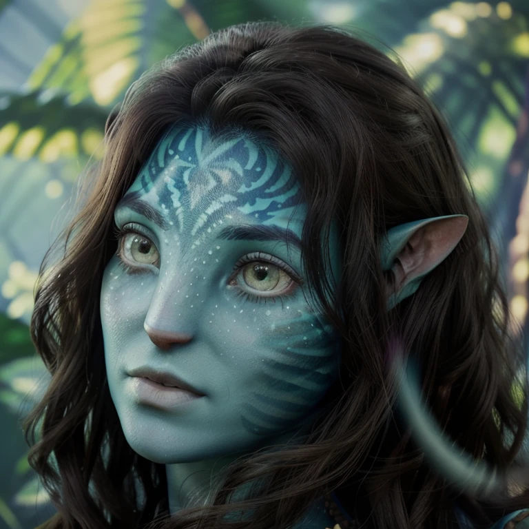 avatar style, (face portrait:1.6), naavi, 1girl, female, (green eyes), (big eyes), ((eyebrowless)), pointy ears, (turquoise skin tone:1.0), (straight hair:1.0), brown hair color, ((long hair)), (young adult), 18 years old, face wrinkles, wearing colorful tribal clothing, (wearing tribal acessories), detailed eyes, toned body, muscled body, vibrant colors, glowing, ethereal atmosphere, surrealistic dreamy lighting, textured skin, otherworldly beauty, mesmerizing photography, (best quality, highres), vivid colors, ultrarealistic, skin details, striped skin, sfw, face close-up:0.5, ultradetailed body, ((turquoise skin)), AvAonung