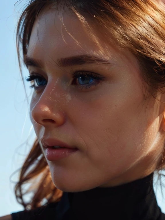 there is a woman with a black turtle neck shirt and a cell phone, soft portrait shot 8 k, close-up portrait film still, highly detailed vfx portrait, color photograph portrait 4k, [ 4 k photorealism ]!!, high-quality 4k portrait, lovely delicate face, [ 4 k photorealism ]!!!, 4 k asymmetrical portrait, brighy sunshine on her face, pastel clear blue eyes,very detailed,