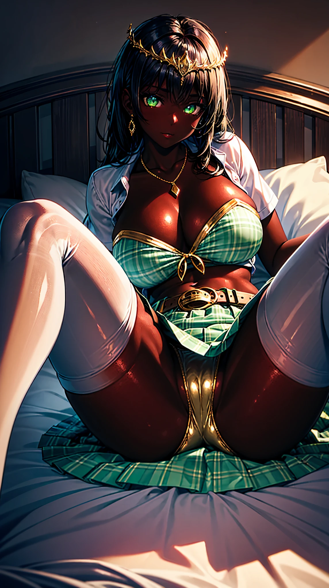 glistening gold, shiny dark skin reflecting light, oily skin, white panty and stockings, glowing evil green eyes, reflecting light, green plaid skirt, see-through underwear, golden green student uniform, large bust, ample cleavage, short black hair, spread legs, upskirt, girl laying on bed, bedroom, gold necklace, gold tiara, gold belt,