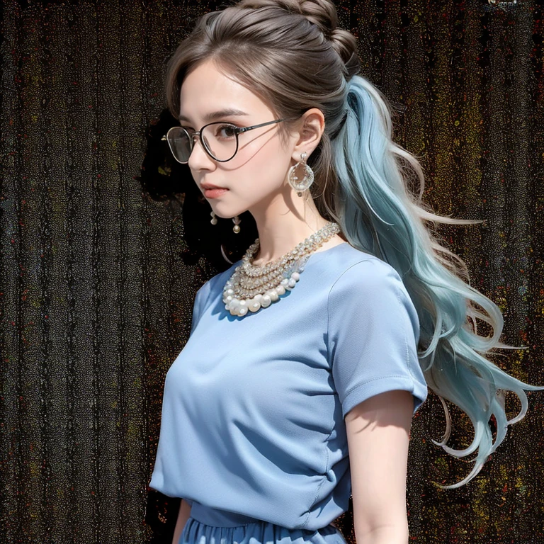 (masterpiece, highest quality, highest quality), (((Perfect body))),Ragged hair,Middle Hair,Chignon Hair,Light blue hair color,Pale black jumpsuit,beautifully,Mysterious:1.2, (One Girl:1.3), Very detailed, Mature Woman,A kind smile,Boston-type glasses, (Mouth closed), (highest qualityのmasterpiece:1.2) Delicate illustrations, Most detailed,Upper body portrait, (Street background:1.3), (Shiny skin), (Many colors:1.4), ,(Earrings),((necklace)), Elegant Pumps,Full body portrait,(Paris city background:1.3), (Shiny skin),(Earrings),