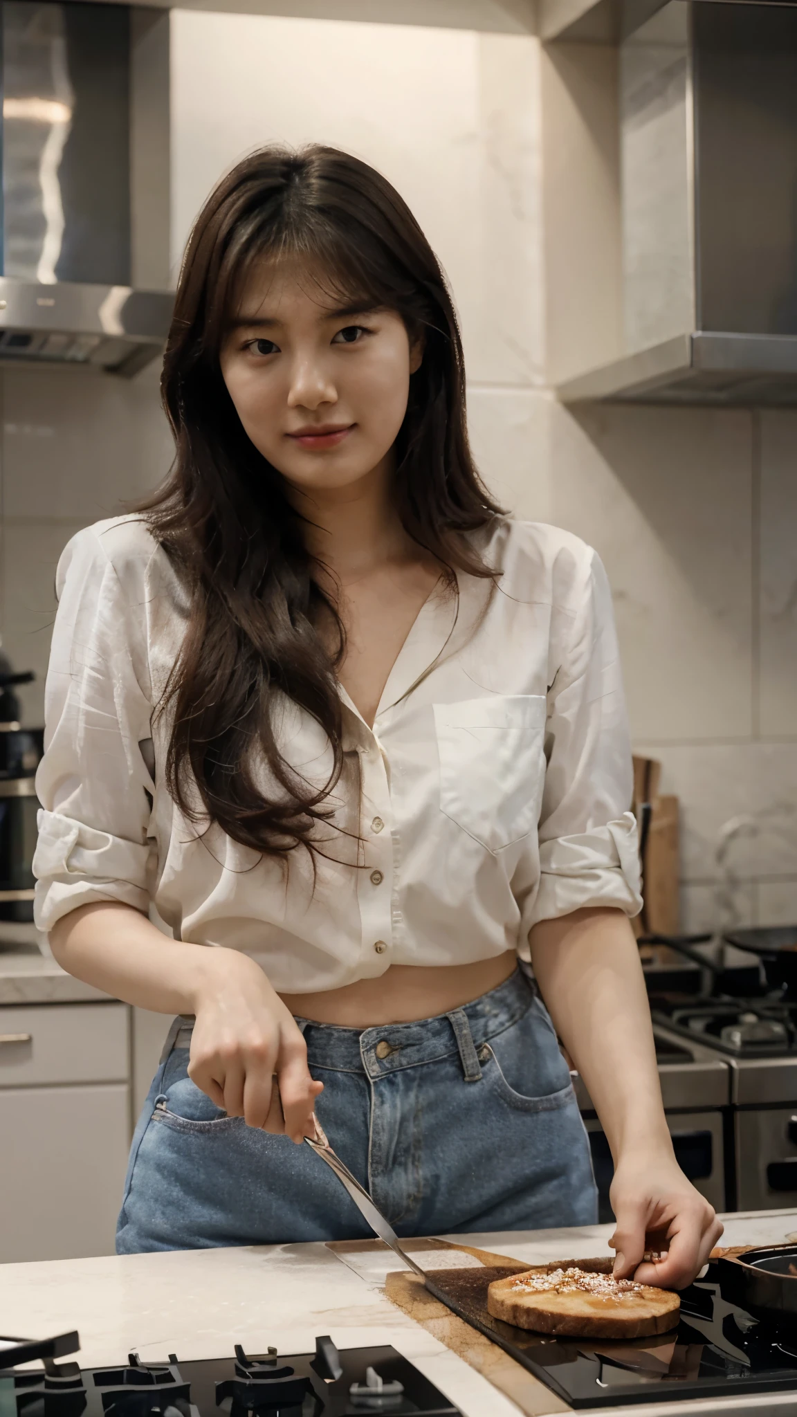 Bae Suzy, Cooking in the kitchen, perfect face, ultra HD, realistic.