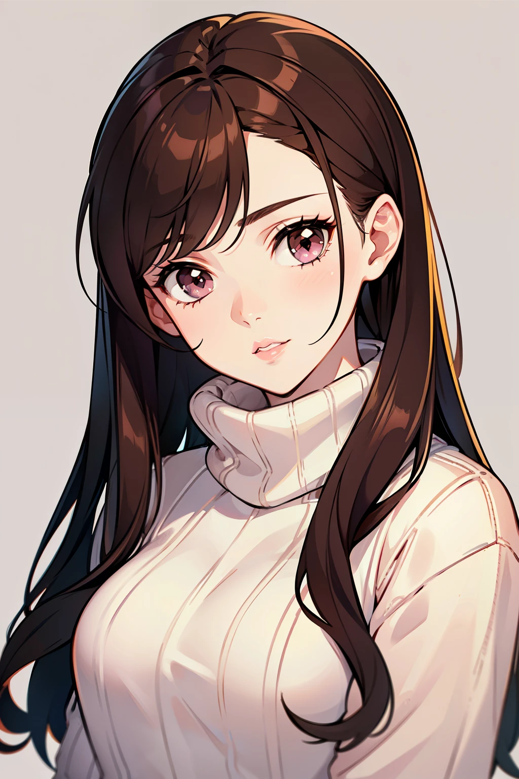 Girl, long brown hair, gray eyes, sharp features, white skin, pink lips, sweater