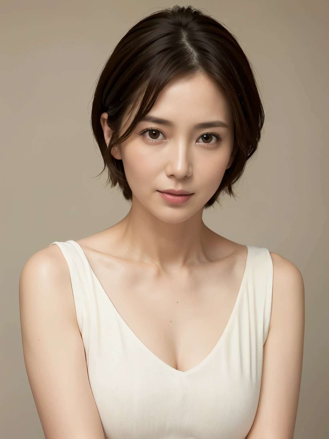 highest quality, masterpiece, High resolution, Realistic, RAW Photos, 8k wallpaper, perfection, Professional Lighting, Very detailed, Depth of written boundary, Pale plain background, ((One beautiful woman)), ((33 years old)), Sexy Woman, Detailed face, Beautiful Eyes, Shapely medium breasts, (short hair), Faint lips, ((Look forward)), ((Looking at the camera)), (Serious expression)