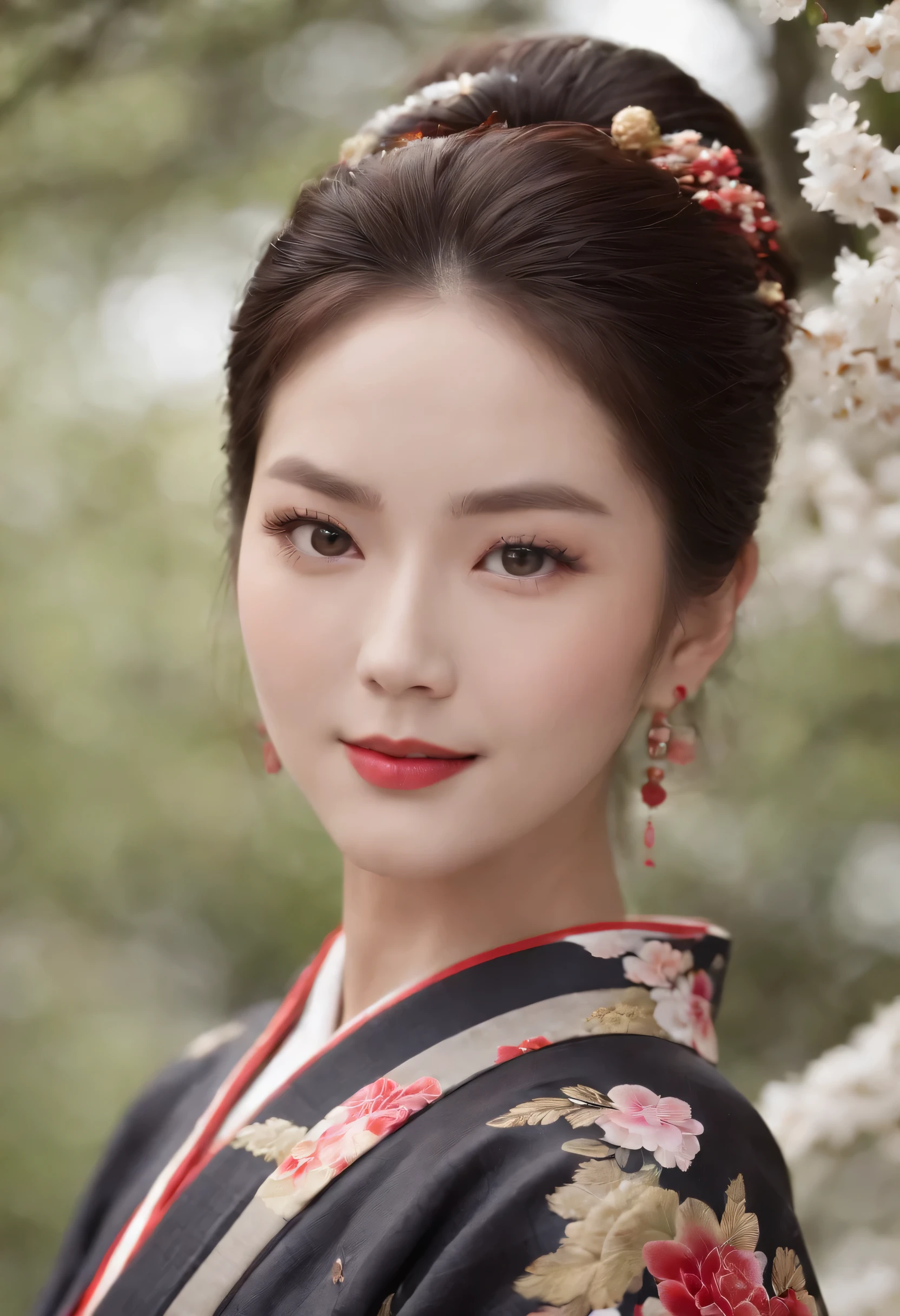8k super-resolution、Beautuful Women、One lady、dark brown hair:1.1、hyperdetailed face、Detailed lips、significant、(Eyes are in focus)、double eyelid、Eyes of the Princess、 beautfull Japanease woman、Beautiful Japan Lady、 sensual lip、Bewitching body、Bust Size 82、8 class large、Stand forward in a balanced manner、80 generations、(80years old)、Perspective、Lovely smile, Detailed Japan kimono in black-red-yellow-purple、Ultra-realistic and detailed floral pattern and shiny knots、Sharp Images、Detailed eye shine、Detailed background of Arashiyama Park in Kyoto、Natural hand shape、The chest is visible