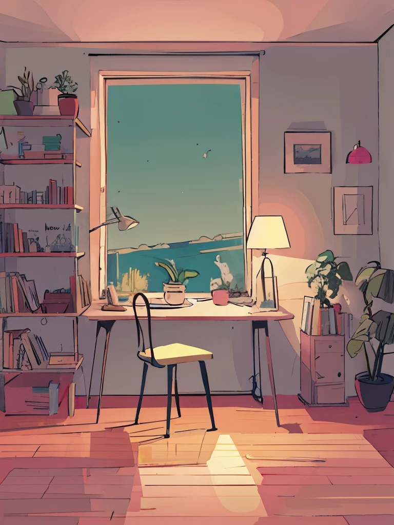 there is a desk with a chair and a lamp in a room, lo-fi illustration style, lofi artstyle, calm night. digital illustration, lofi art, lofi colors, cozy home background, lofi feel, cozy place, bright room, lofi vibes, interior background art, background art, lo-fi art, cartoon moody scene