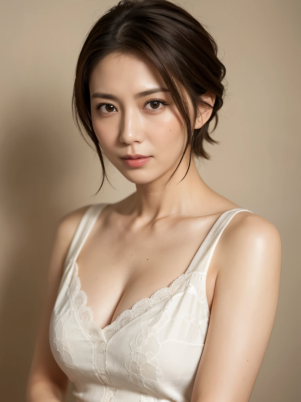 highest quality, masterpiece, High resolution, Realistic, RAW Photos, 8k wallpaper, perfection, Professional Lighting, Very detailed, Depth of written boundary, Pale plain background, ((One beautiful woman)), ((33 years old)), Sexy Woman, Detailed face, Beautiful Eyes, Shapely medium breasts, (short hair), (Straight Hair), Faint lips, ((Look forward)), ((Looking at the camera)), (Serious expression)