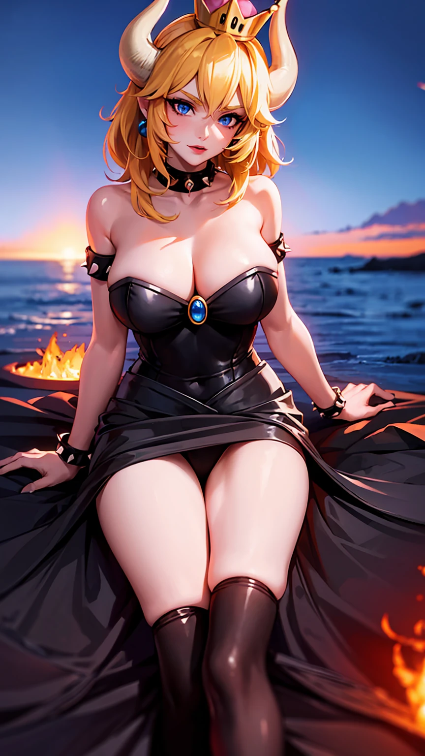 ((high detailed, best quality, 4k, masterpiece, hd:1.3)), ((best quality)), (((HD))), (((8k))), (ultraDH), (ultra HD), Princess Daisy, blue eyes, BREAK blue eyes, seductive, attractive, smooth anime cg art, 36C breasts, long legs, vivid colors, detailed digital art, slim body, perfect skin, dark blonde hair, long hair, blonde hair, blonde hair, BREAK crown, cleavage, 36C cleavage, looking at viewer, BREAK looking at viewer, extremely detailed face, red santa suit, red santa claus suit, santa claus suit, earrings, gem, dark black makeup lips, dark gothic eyeshadows, dark eyeshadows, black eyeshadows, black sexy lips, black lips, (dark:1.2), dark lips, very dark lips, (perfect hands, perfect anatomy), black makeup, black medium lips, black thick lips, detailed fingers, five fingers per hand, 5 fingers, (1 girl), detailed lips, detailed black lips, black painted lips, gothic painted lips, BREAK night, night sky, (breast focus), (arms outstreched:1.2), (from above:1.1), (breasts out:1.3), (off shoulder:1.1), (white horns), (lingerie), inside a lava castle, she inside a sea of lava, she bathing in lava, full body, perfect long legs, perfect foots, legs and foots into the lava,