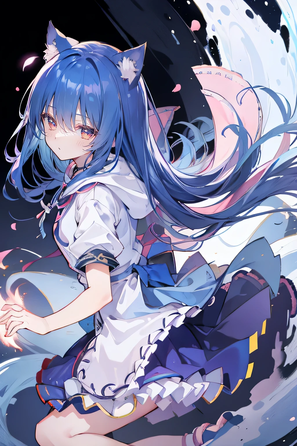 （masterpiece：1.2），Super detailed，lifelike，Expressive eyes，fair skin，perfect face shape，1 girl，
Japanese comics,Gorgeous blue hair,flowing blue hair,flowing clothes,Cat ears,Petals fall,beautiful lola,Baby Angel,
Shaking head with one hand，Cross your legs，Gentle and peaceful background，The pavilion is cool and comfortable,smile, wearing hoodie, background of tokyo,back views,snowing, winter.