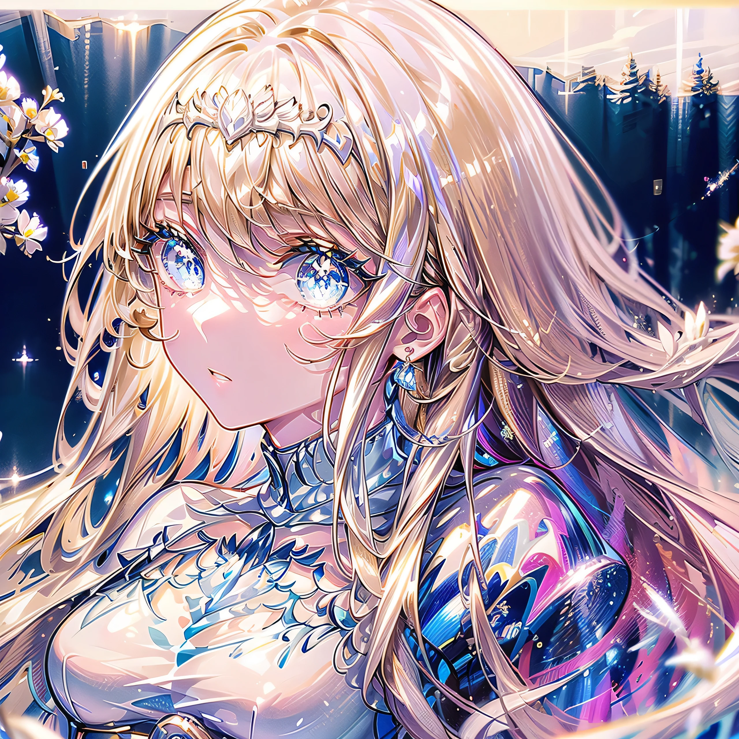 (masterpiece、8K、top-quality)、(Soft light:1.3), Detailed face, Detailed eyes, Dress, beautiful digital works of art, landscape, Back Light, Many flowers, forest, Sparkling eyes, Winters, Warm, Warm light, Snow, 1girl,solo, Calca, Calca Bessarez, fresh blonde hair, golden hair color, yellow hair, extremely long hair, very long hair, white tiara, silver tiara, white dress, blue eyes, medium chest