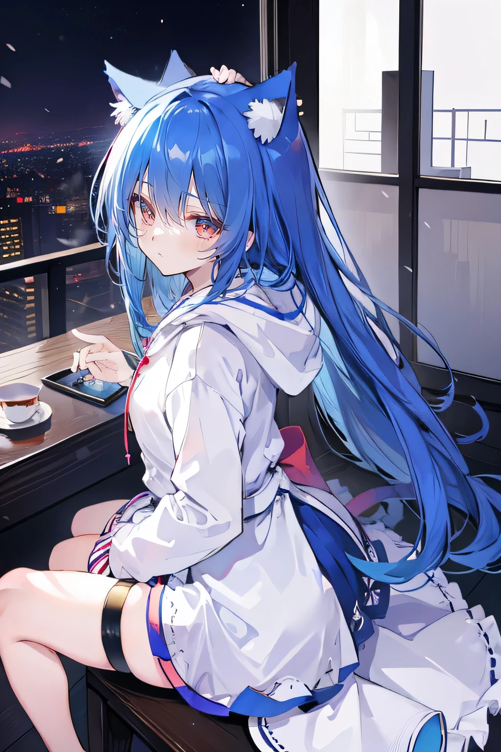 (masterpiece:1.2),Super detailed,lifelike,Expressive eyes,fair skin,perfect face shape,1 girl,
Japanese comics,Gorgeous blue hair,flowing blue hair,flowing clothes,Cat ears,Petals fall,beautiful lola,Baby Angel,
Shaking head with one hand,Cross your legs,Gentle and peaceful background,The pavilion is cool and comfortable,smile, wearing hoodie, background of tokyo,back views,snowing, winter.