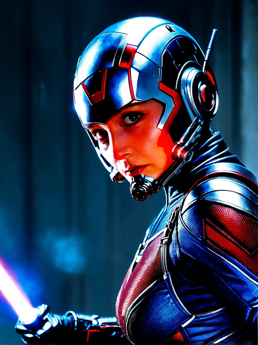 (A strange-looking female Ant-Man:1.4), Red-glowing eyes, open mouth, Sharp Teeth, Mucus, Aesthetic physique, (Weird-looking Ant-Man), Fighting Stance, Lightsaber in hand，Artistic Photo, 8k, Looking at the camera, Light background, Pretty Face, Blue Skin，Large Breasts，Hollow Ant-Man costume。