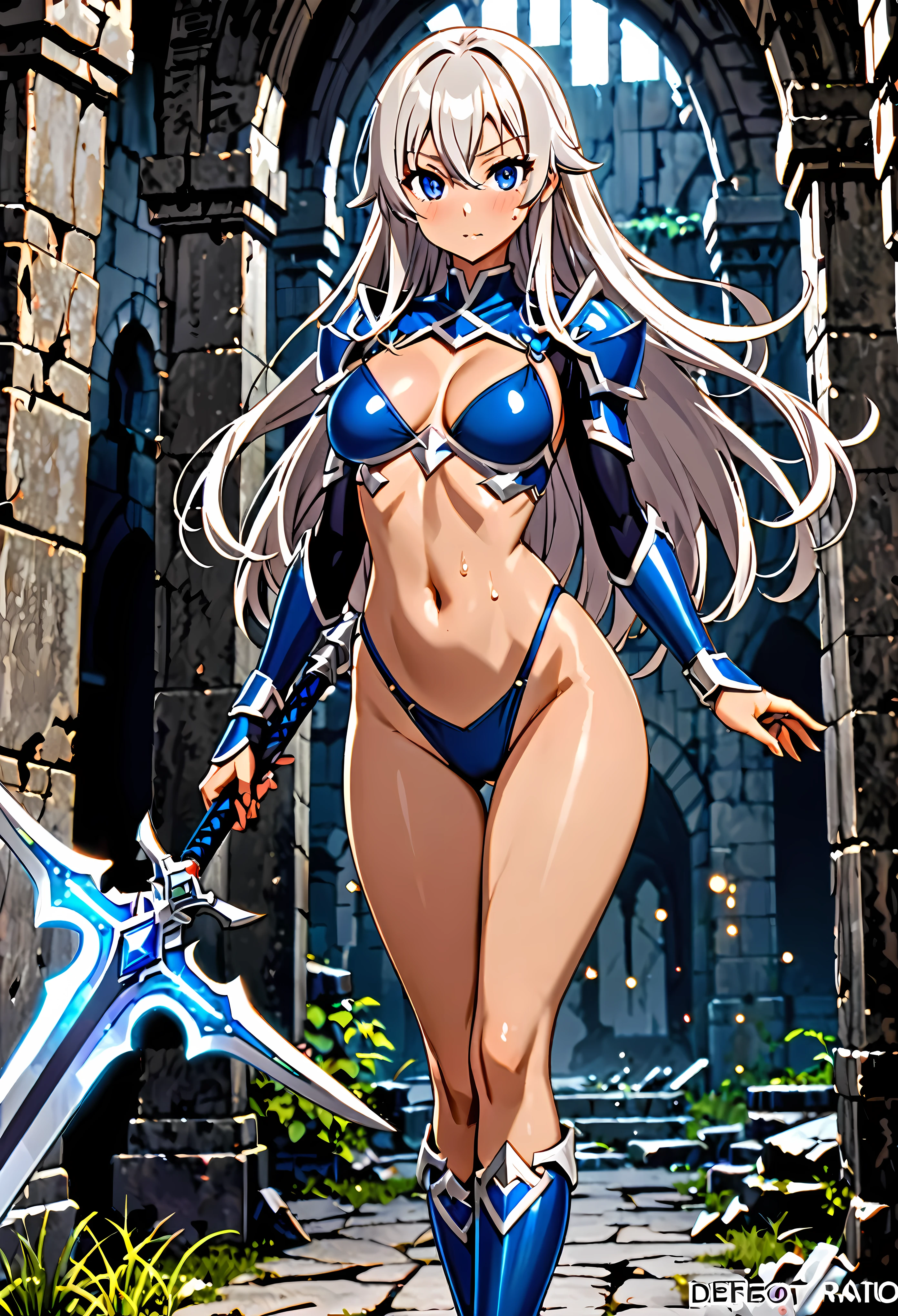 Fantasy art、1 female,The perfect 25 years old,((ideal ratio body proportions,small head:1.7)),((tan skin)),((high quality anime, 8k,masterpiece,Perfect Anatomy)),(beautiful detailed face and eyes,gorgeous eye:1.3,Almond Eyes),female knight、(silver hair),Straight long hair,bangs,blush,full body,medium breasts,slender body,skinny,sweat;1.3,Sexy blue bikini armor、Action pose、walk、A world of swords and magic、Advance through the dark ruins dungeon、